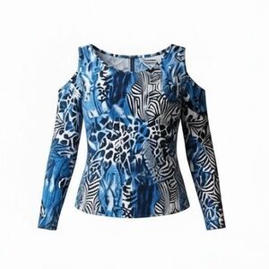 Cold Shoulder Blue Animal Print Long Sleeve Crop Top
